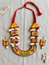 Hand-Painted Tribal Fish Motifs Yellow and Red Hanmade Fabric Necklace