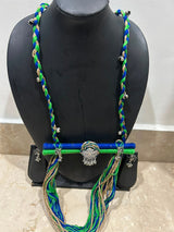 Blue Green & Beige Braided Cord Necklace with Oxidised Silver Peacock Pendant