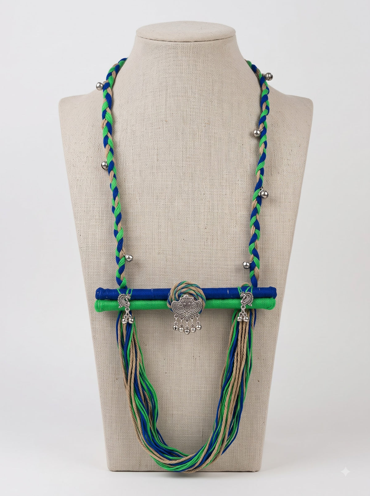 Blue Green & Beige Braided Cord Necklace with Oxidised Silver Peacock Pendant