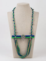 Blue Green & Beige Braided Cord Necklace with Oxidised Silver Peacock Pendant