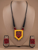 Yellow and Red Ajrakh Print Shield Pendant Necklace Set