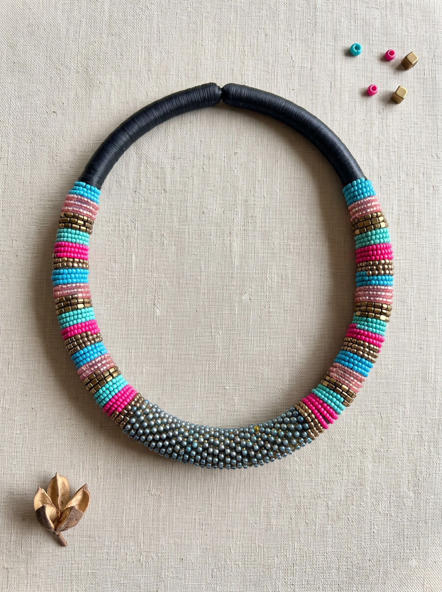 Multicolour Stripe Seed Bead Wrapped Black Rope Collar Necklace