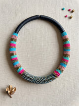 Multicolour Stripe Seed Bead Wrapped Black Rope Collar Necklace