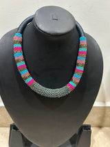 Multicolour Stripe Seed Bead Wrapped Black Rope Collar Necklace