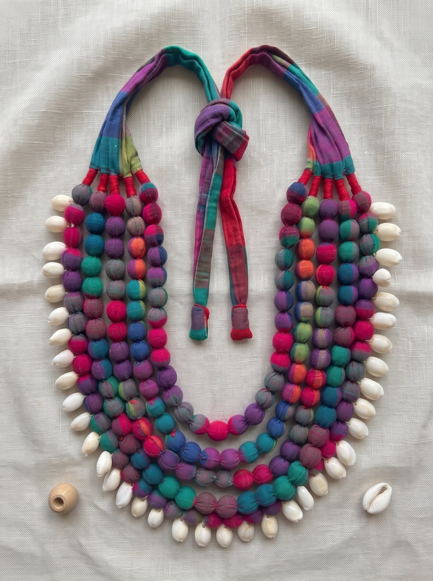 Multi-Layer Earthy Tones 5 Layer Fabric Beads Necklace with Shells
