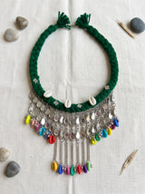 Bottle Green Braided Cord Bib with Mirror Teardrop Chain Choker Necklace