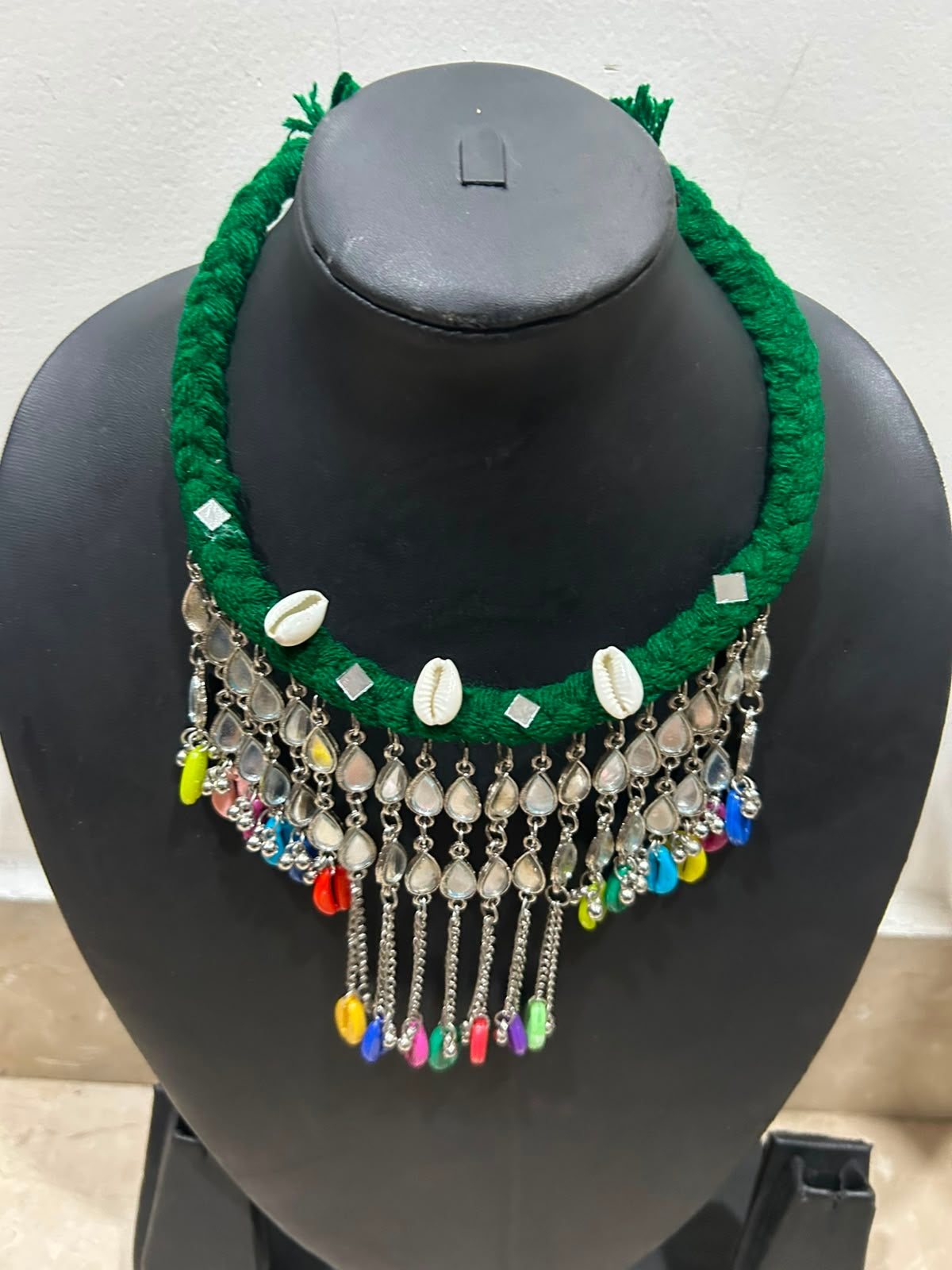 Bottle Green Braided Cord Bib with Mirror Teardrop Chain Choker Necklace