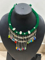Bottle Green Braided Cord Bib with Mirror Teardrop Chain Choker Necklace