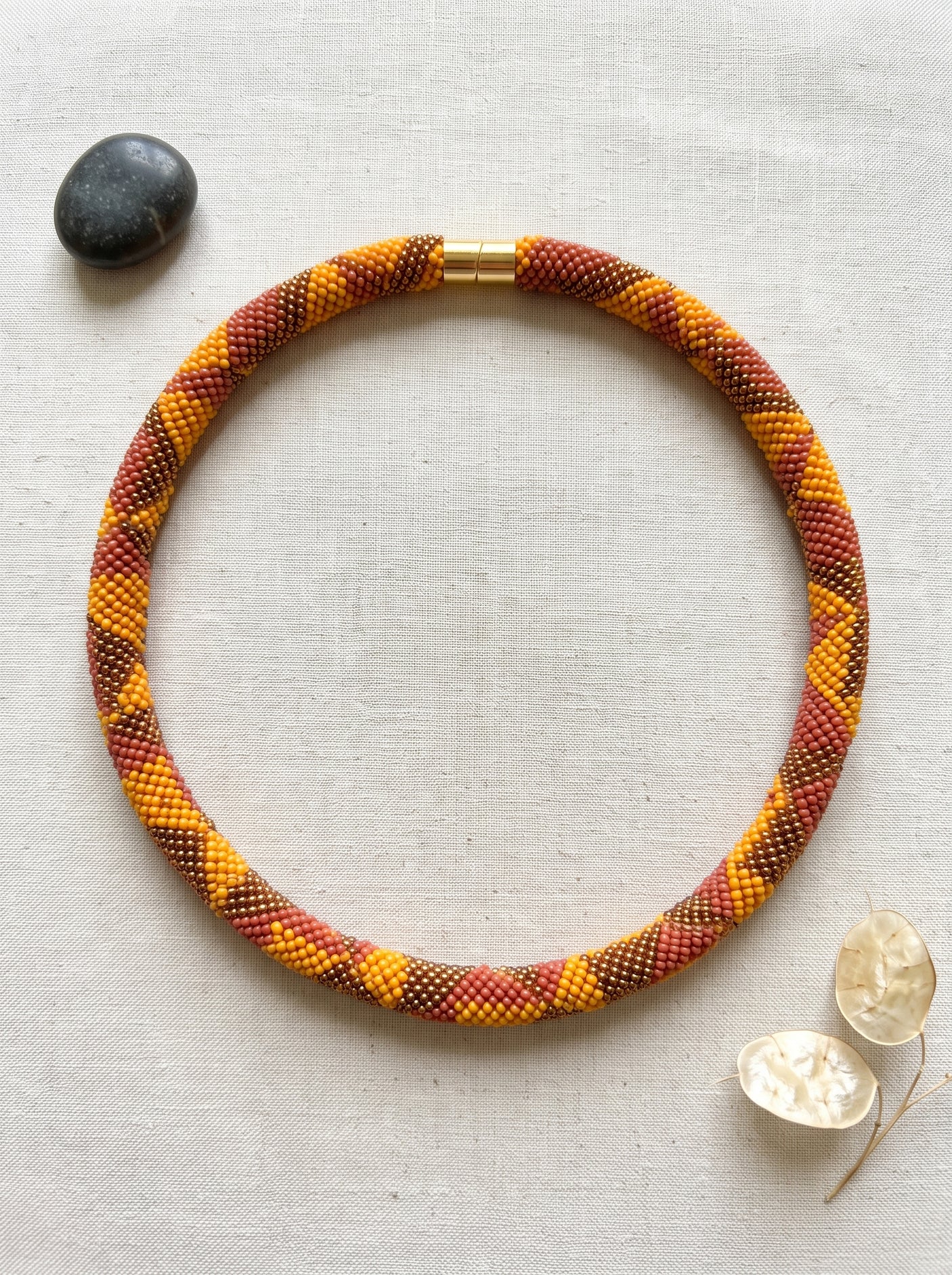 Geometric Seed Bead Collar Necklace in Earthy Tones