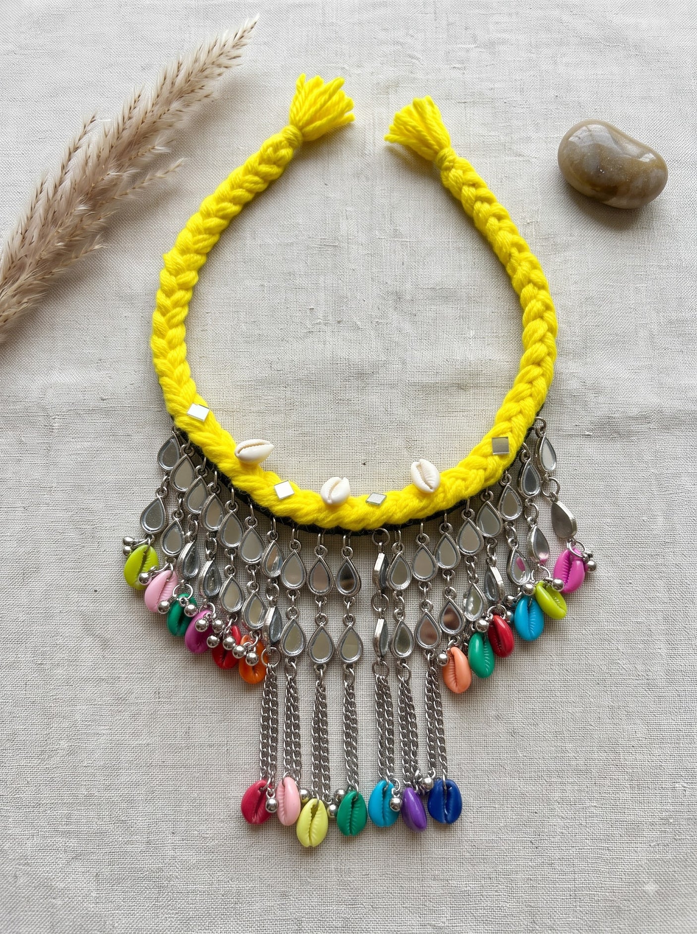 Neon Yellow Braided Cord Bib with Mirror Teardrop Chain Choker Necklace