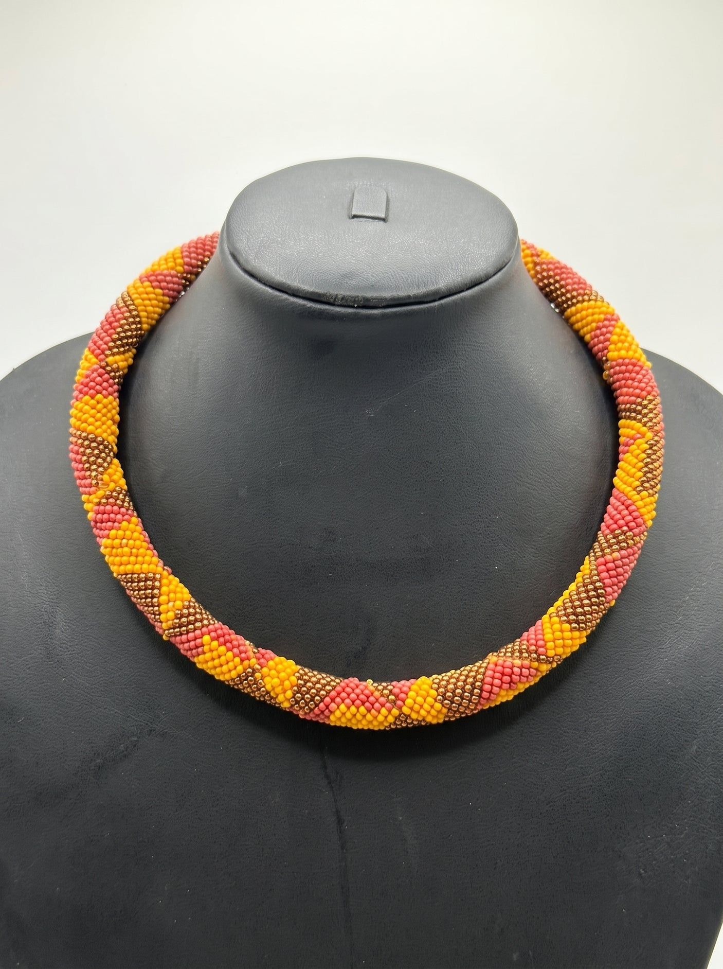 Geometric Seed Bead Collar Necklace in Earthy Tones
