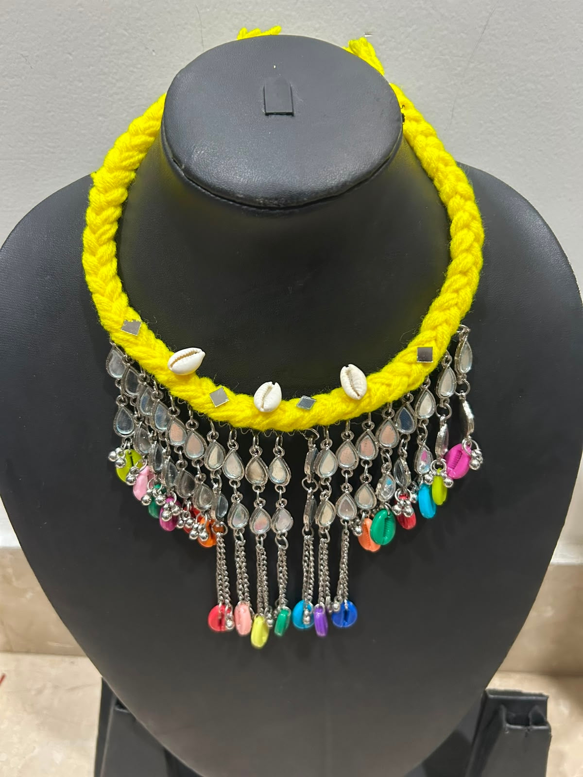 Neon Yellow Braided Cord Bib with Mirror Teardrop Chain Choker Necklace