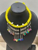 Neon Yellow Braided Cord Bib with Mirror Teardrop Chain Choker Necklace