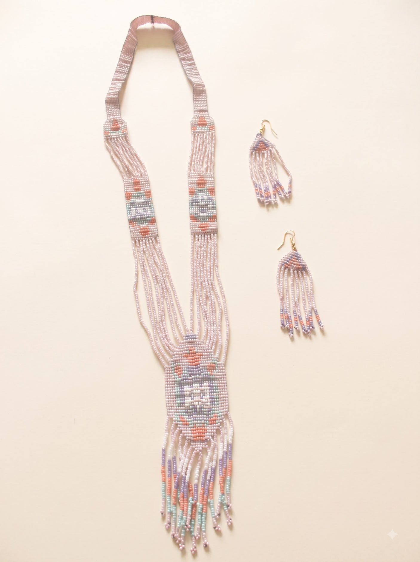 Pink and Multi-Color Hand Beaded Long Necklace Set