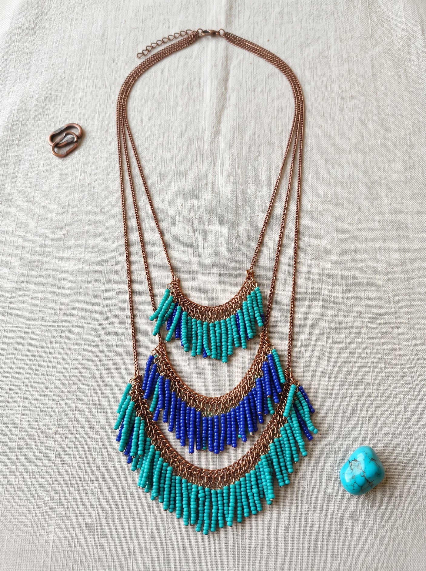 3 Layer Blue Beads and Chain Boho Necklace