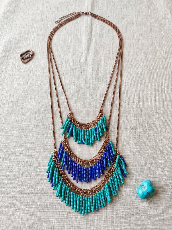 3 Layer Blue Beads and Chain Boho Necklace