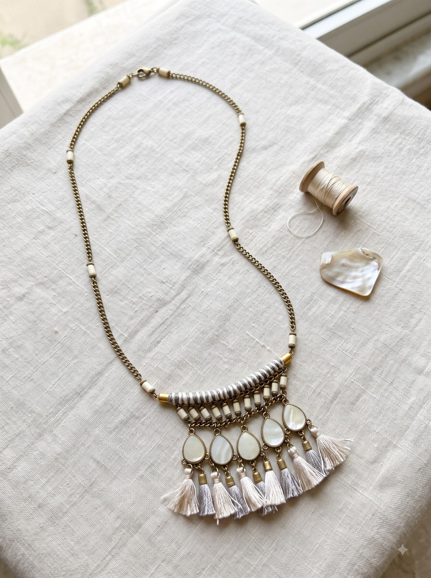 Mother of Pearl Teardrop & White Tassel Fringe Bib Necklace on Antique Gold Chain