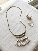 Mother of Pearl Teardrop & White Tassel Fringe Bib Necklace on Antique Gold Chain