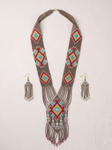 Grey and Red Hand Beaded Long Necklace Set
