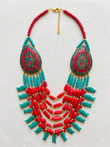 Turquoise and Red Bone Beads Quirky Statement Necklace