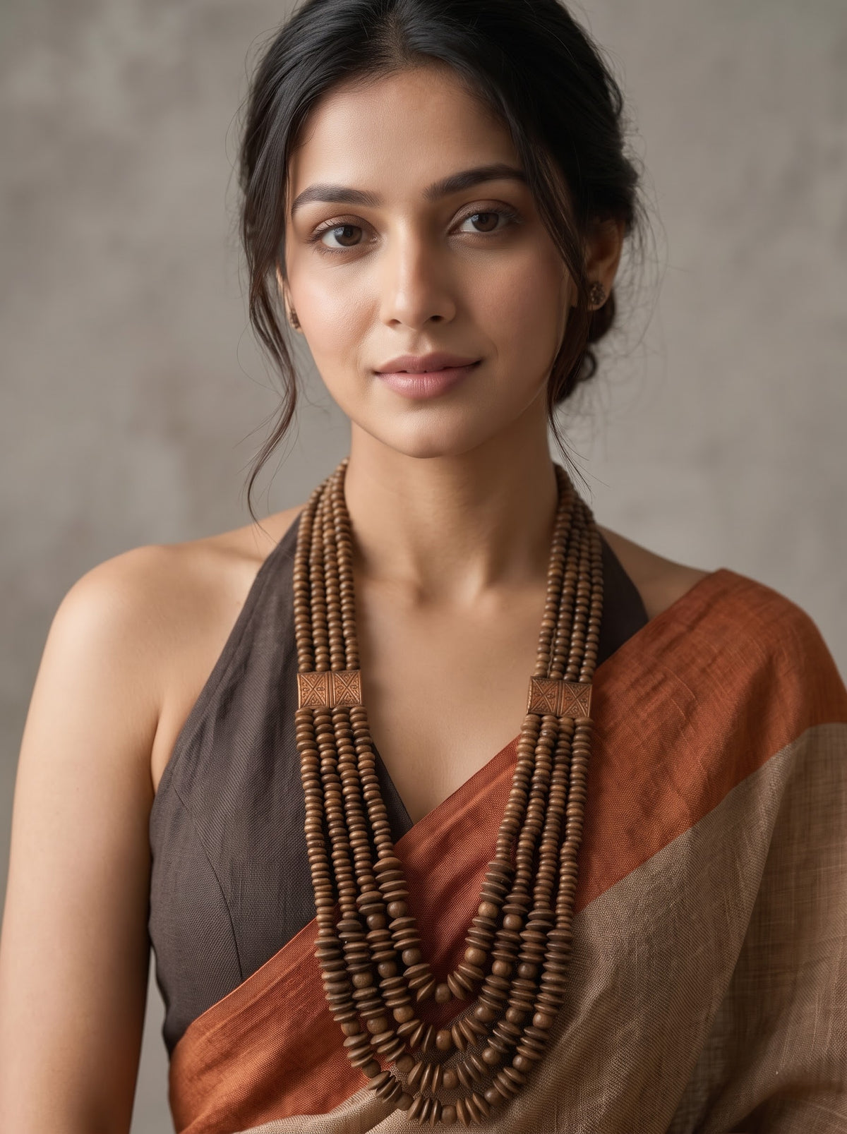 Cocoa Cascade – Handmade Multi-Strand Wooden Bead Necklace