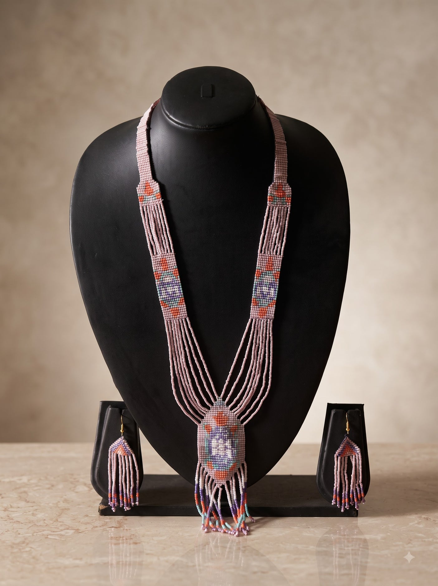 Pink and Multi-Color Hand Beaded Long Necklace Set