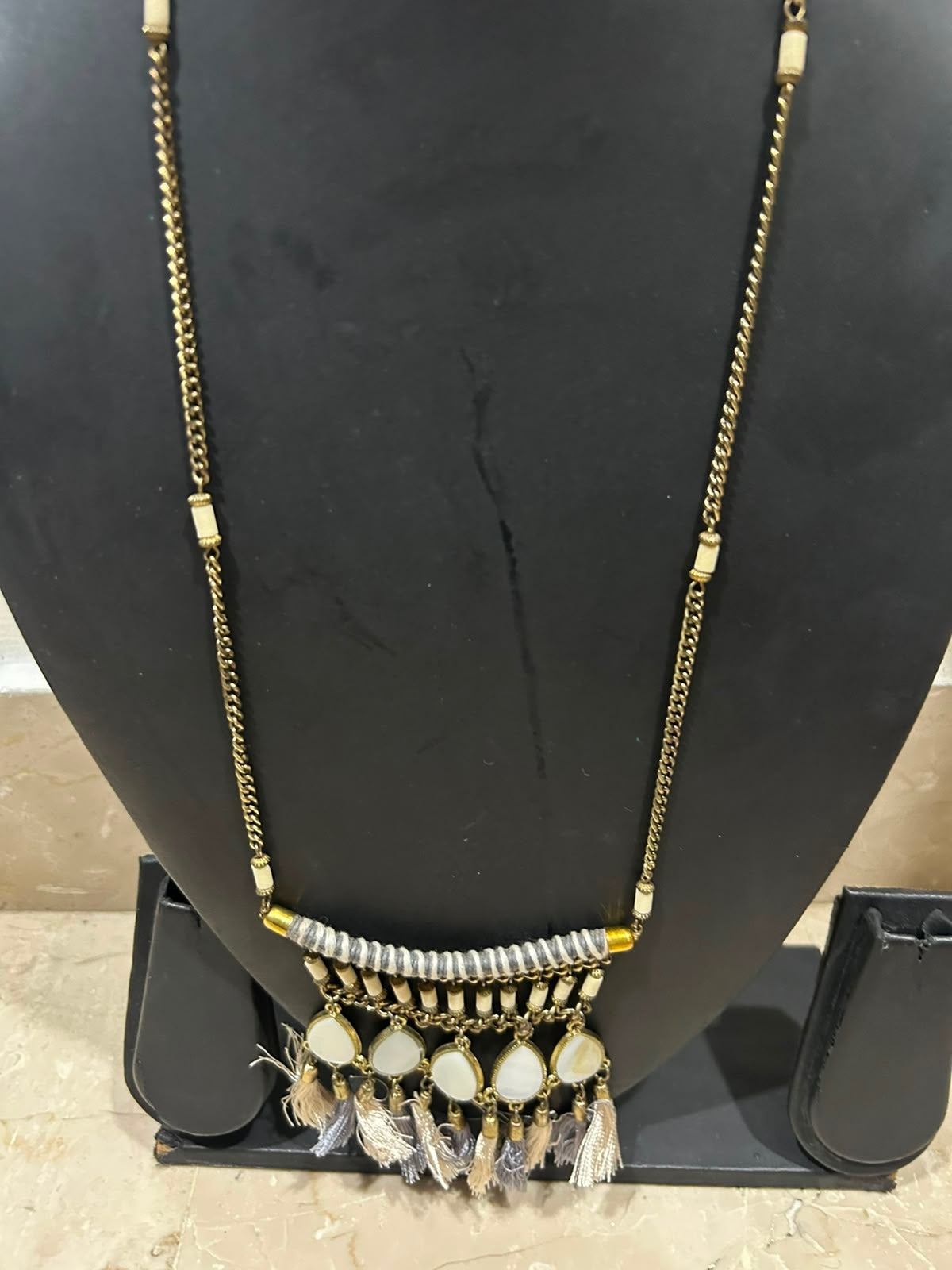 Mother of Pearl Teardrop & White Tassel Fringe Bib Necklace on Antique Gold Chain