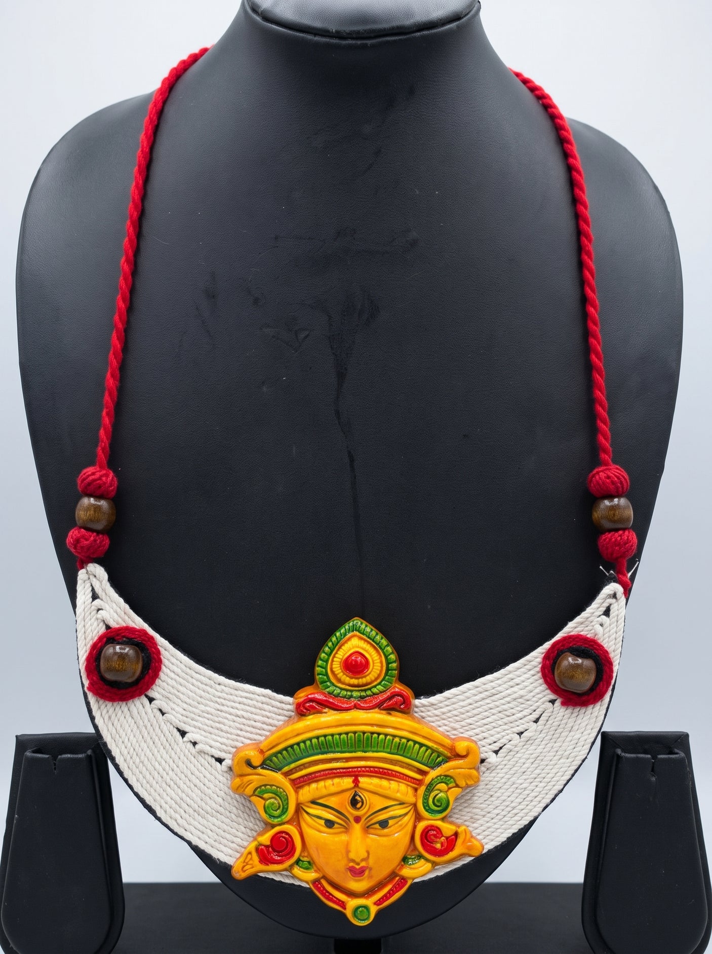 Hand-Painted Devi Face Macrame and Terracotta Clay Necklace