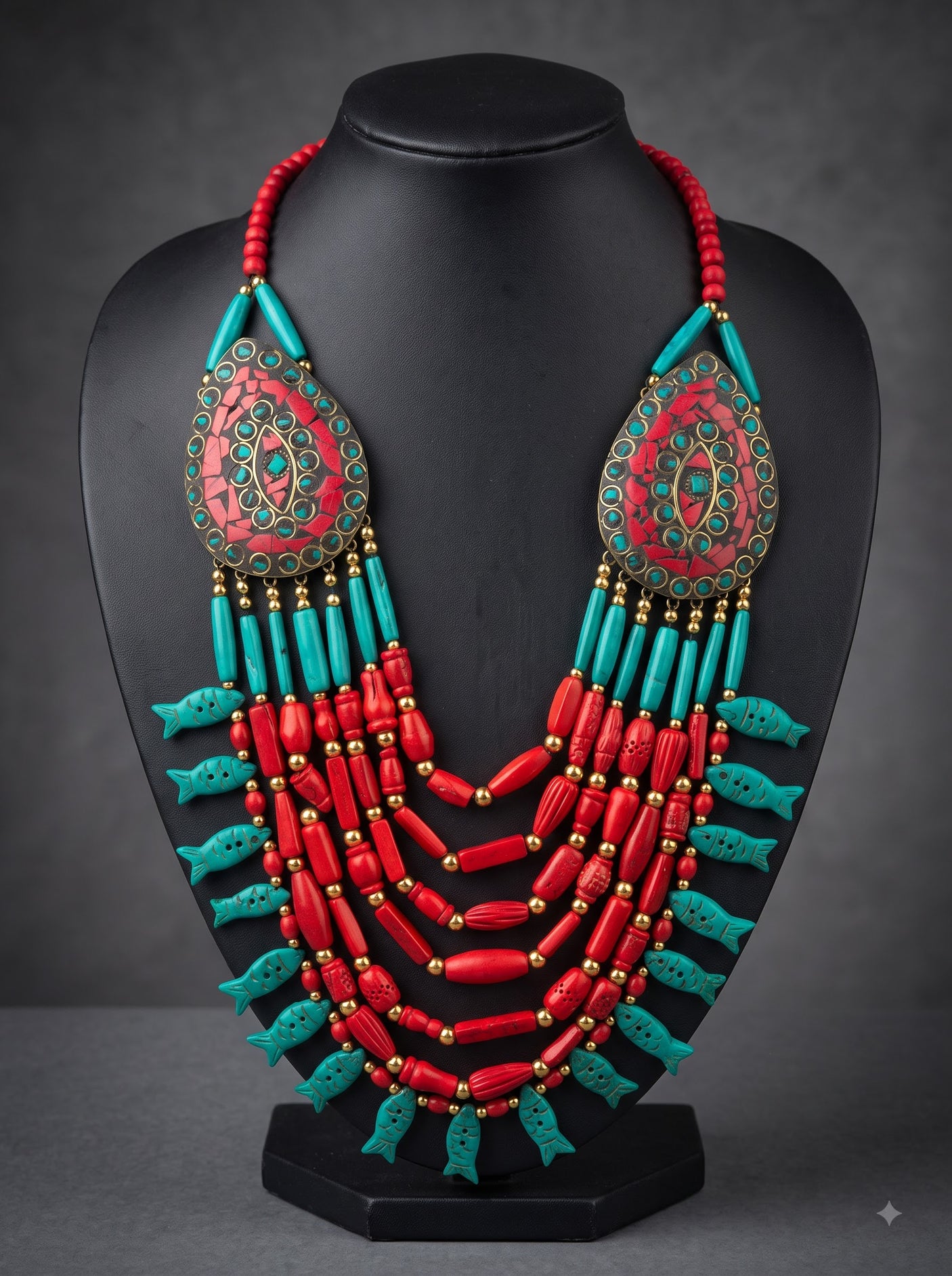 Turquoise and Red Bone Beads Quirky Statement Necklace