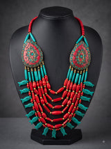 Turquoise and Red Bone Beads Quirky Statement Necklace