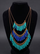 3 Layer Blue Beads and Chain Boho Necklace