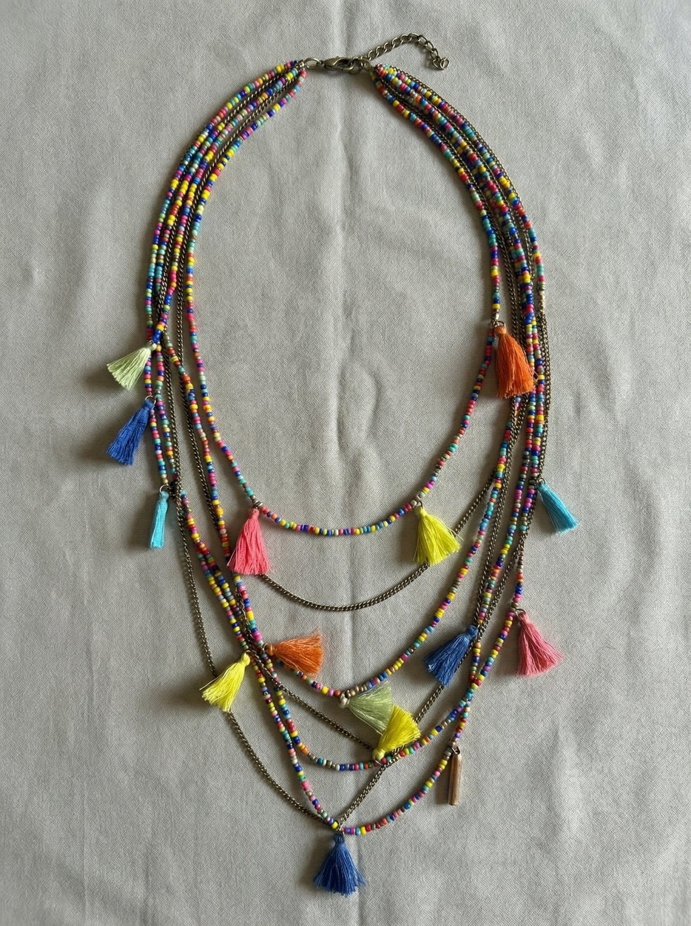 Multi-Color Beads and Pom Pom Boho Necklace