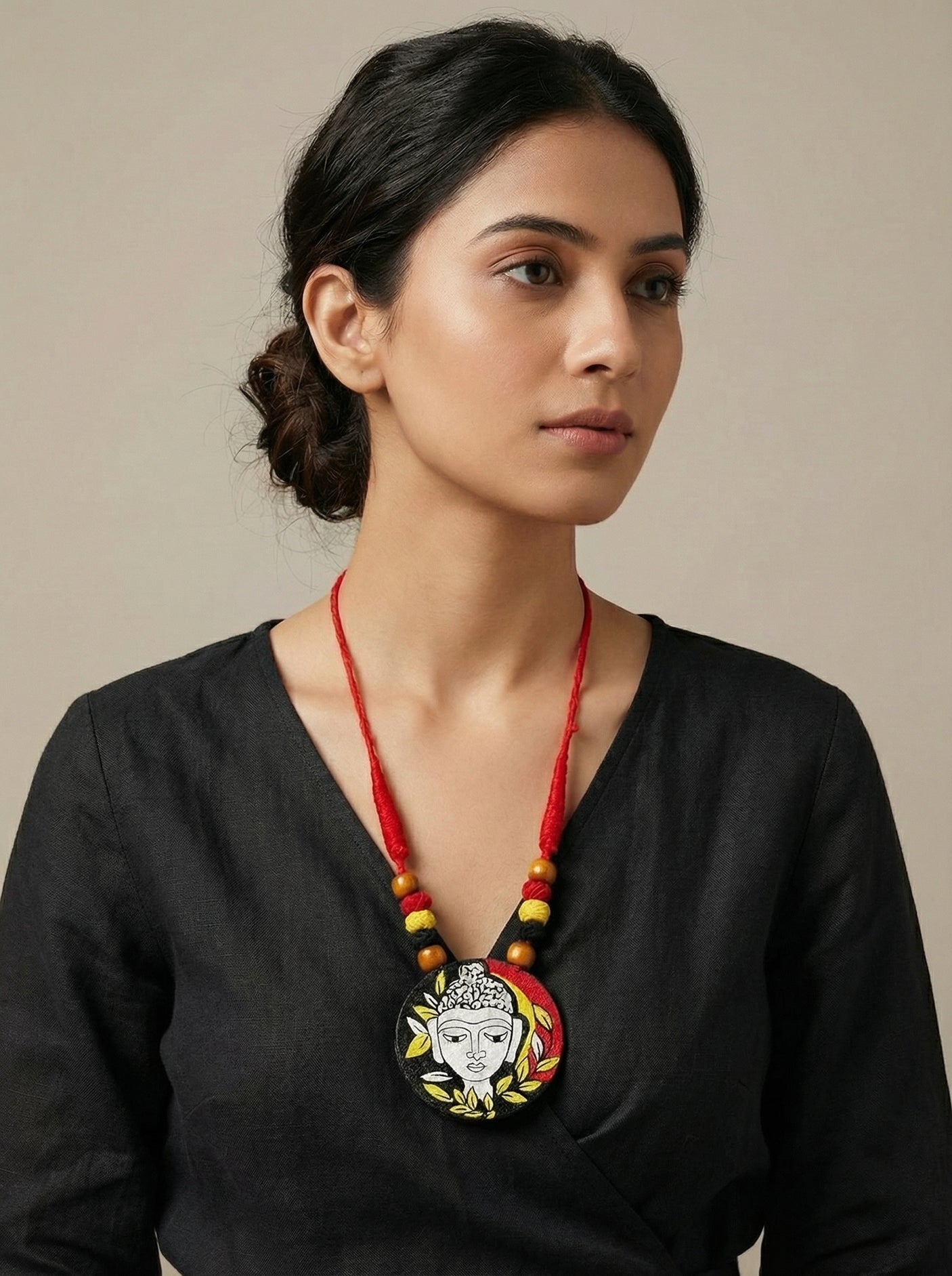 Black & Gold Hand-Painted Buddha Pendant Necklace