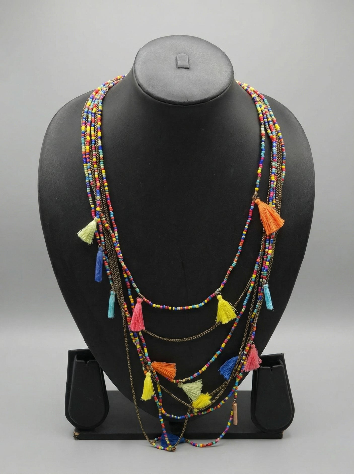 Multi-Color Beads and Pom Pom Boho Necklace
