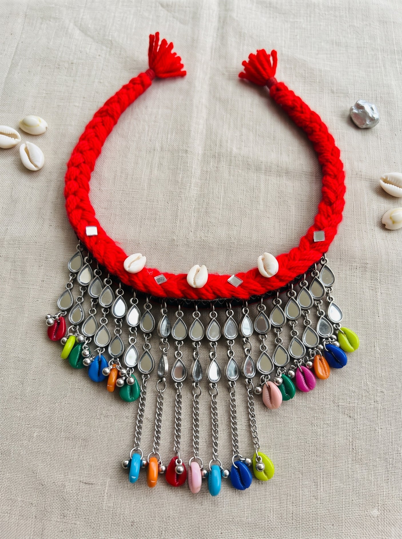 Red Braided Cord Bib with Mirror Teardrop Chain Choker Necklace