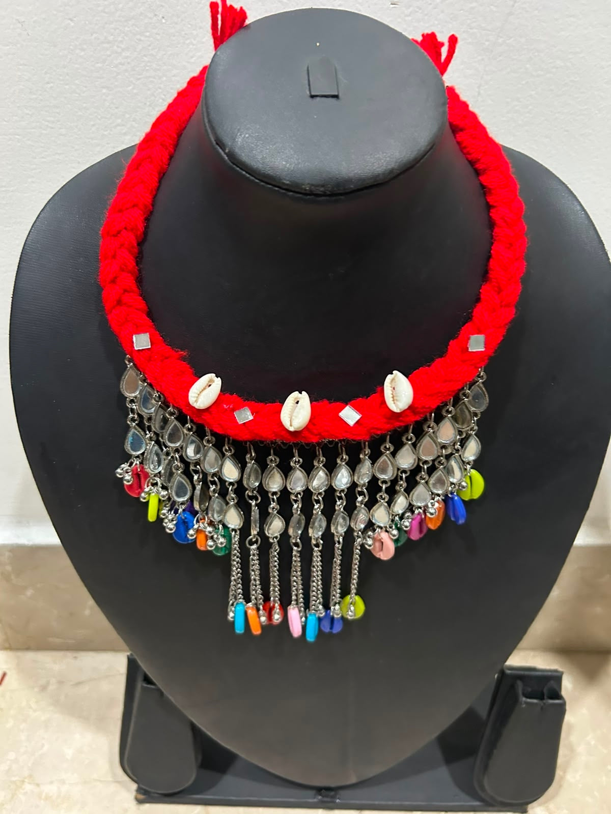 Red Braided Cord Bib with Mirror Teardrop Chain Choker Necklace