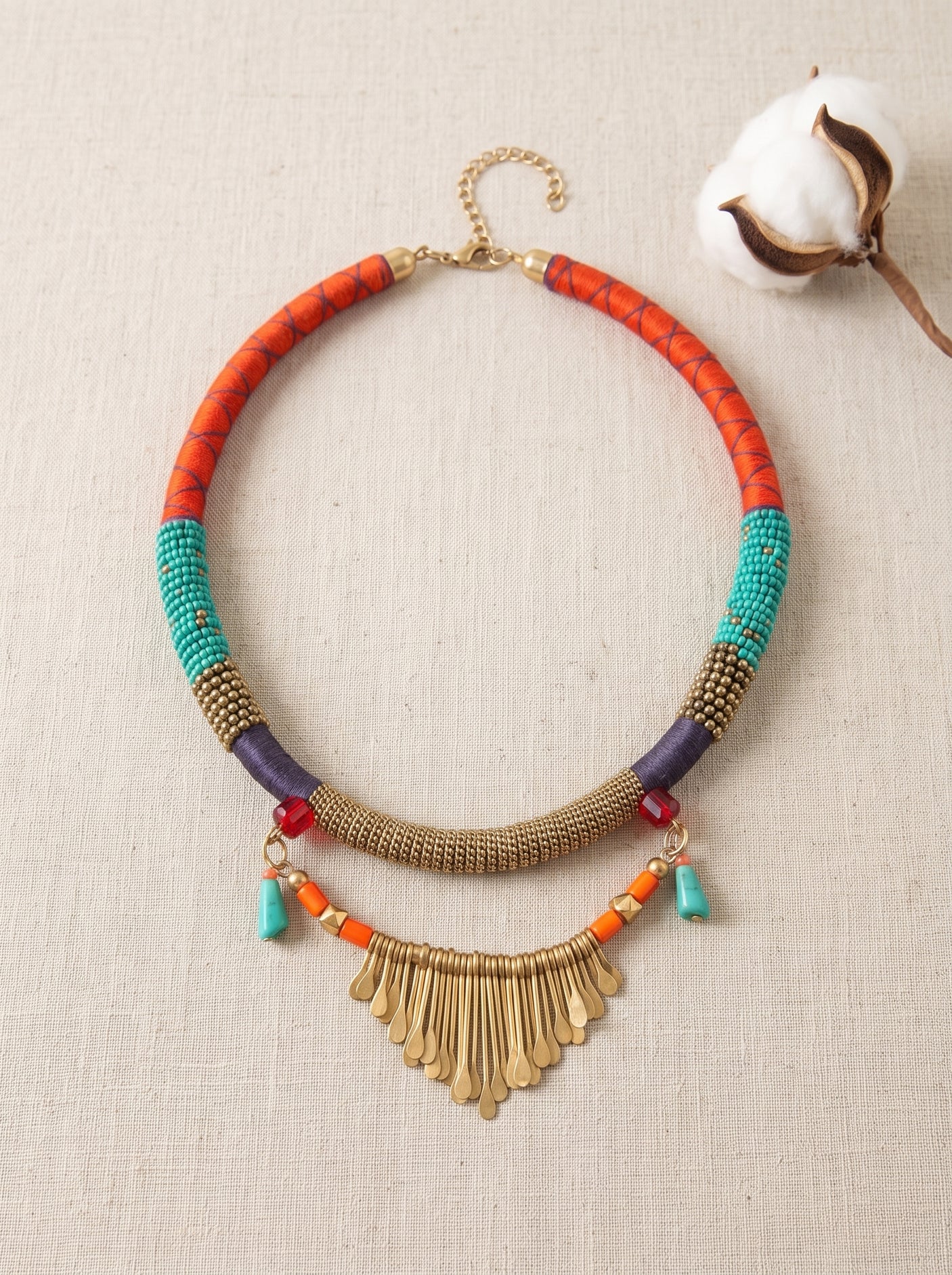 Orange & Turquoise Tribal Bib Necklace with Brass Fringe