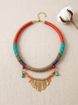 Orange & Turquoise Tribal Bib Necklace with Brass Fringe