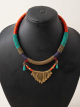 Orange & Turquoise Tribal Bib Necklace with Brass Fringe
