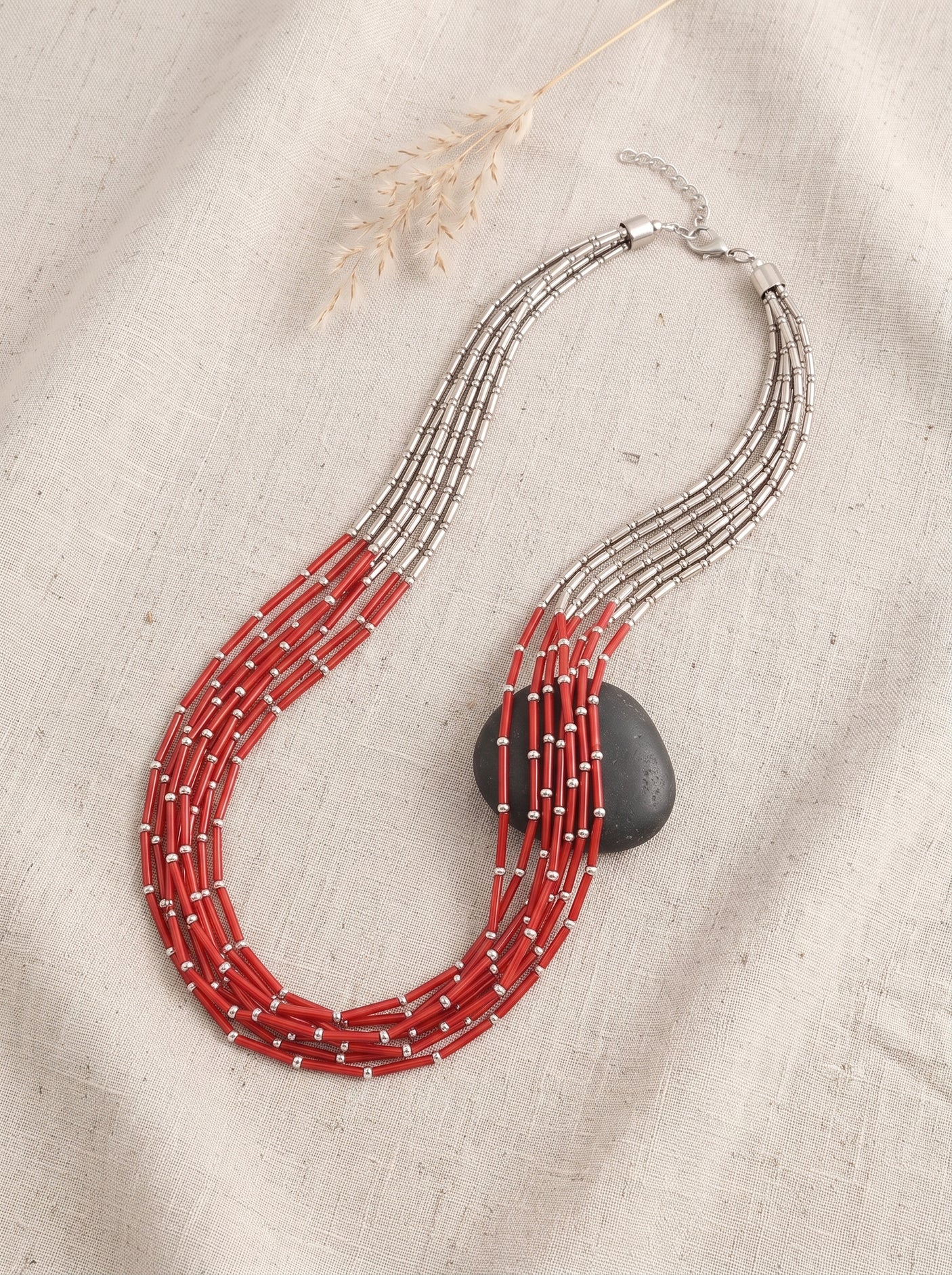 Red & Silver Multi-Strand Beaded Statement Necklace