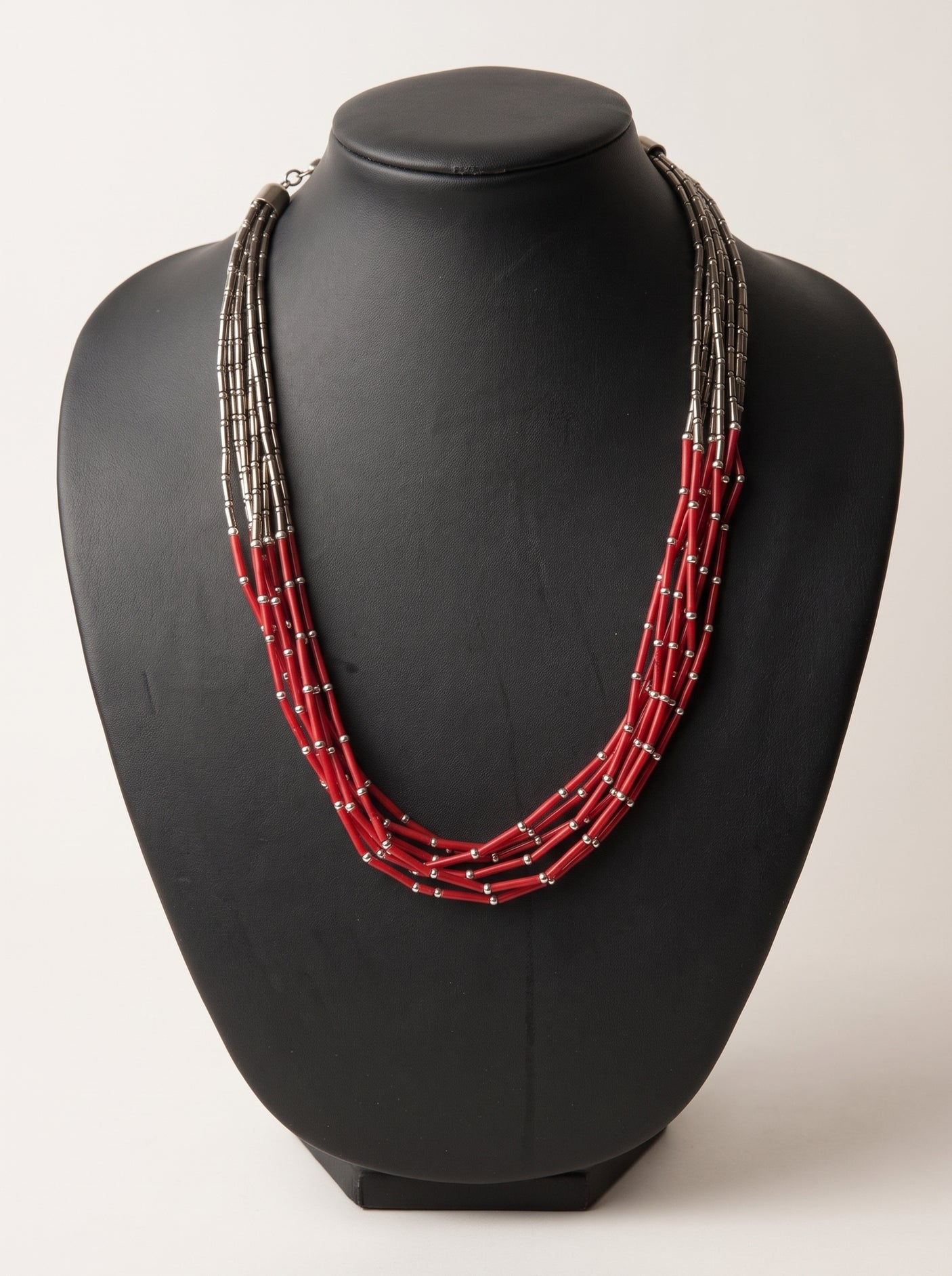Red & Silver Multi-Strand Beaded Statement Necklace