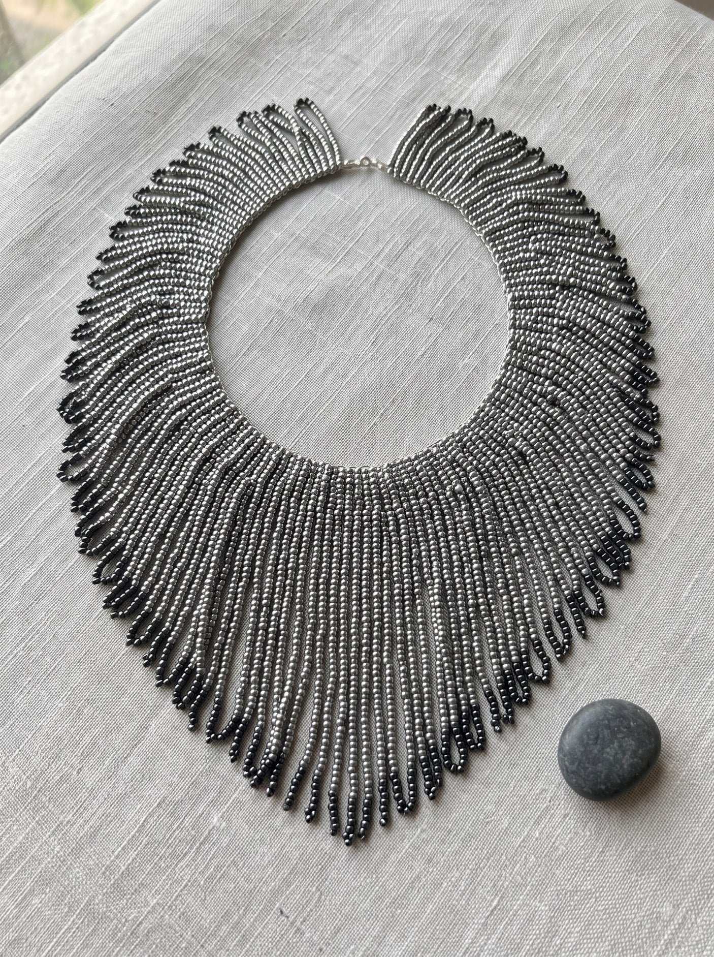 Black & Silver Seed Bead Spike Fringe Statement Collar Necklace