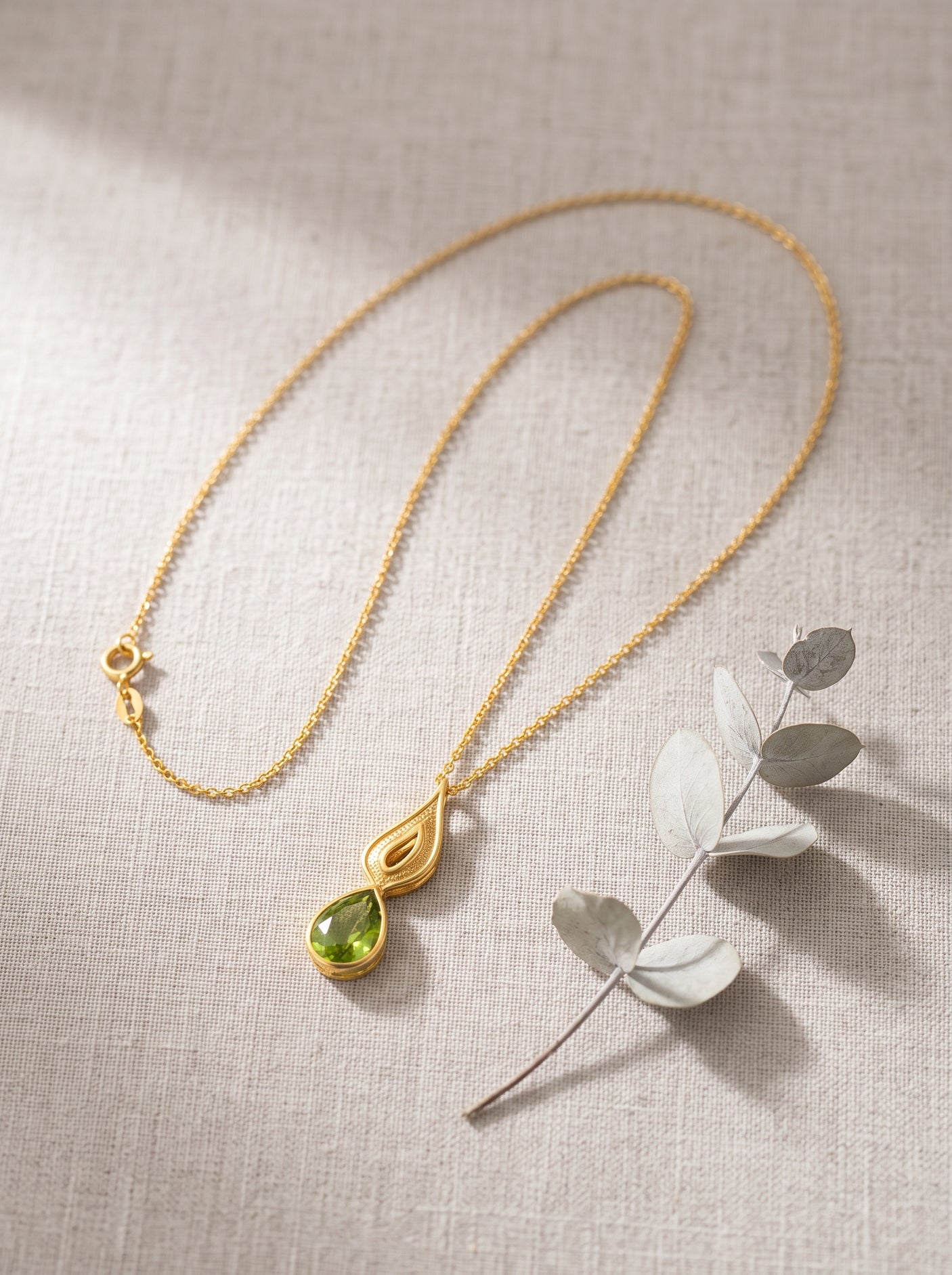 Nature Inspired Gold Pendant Necklace with Green Crystal