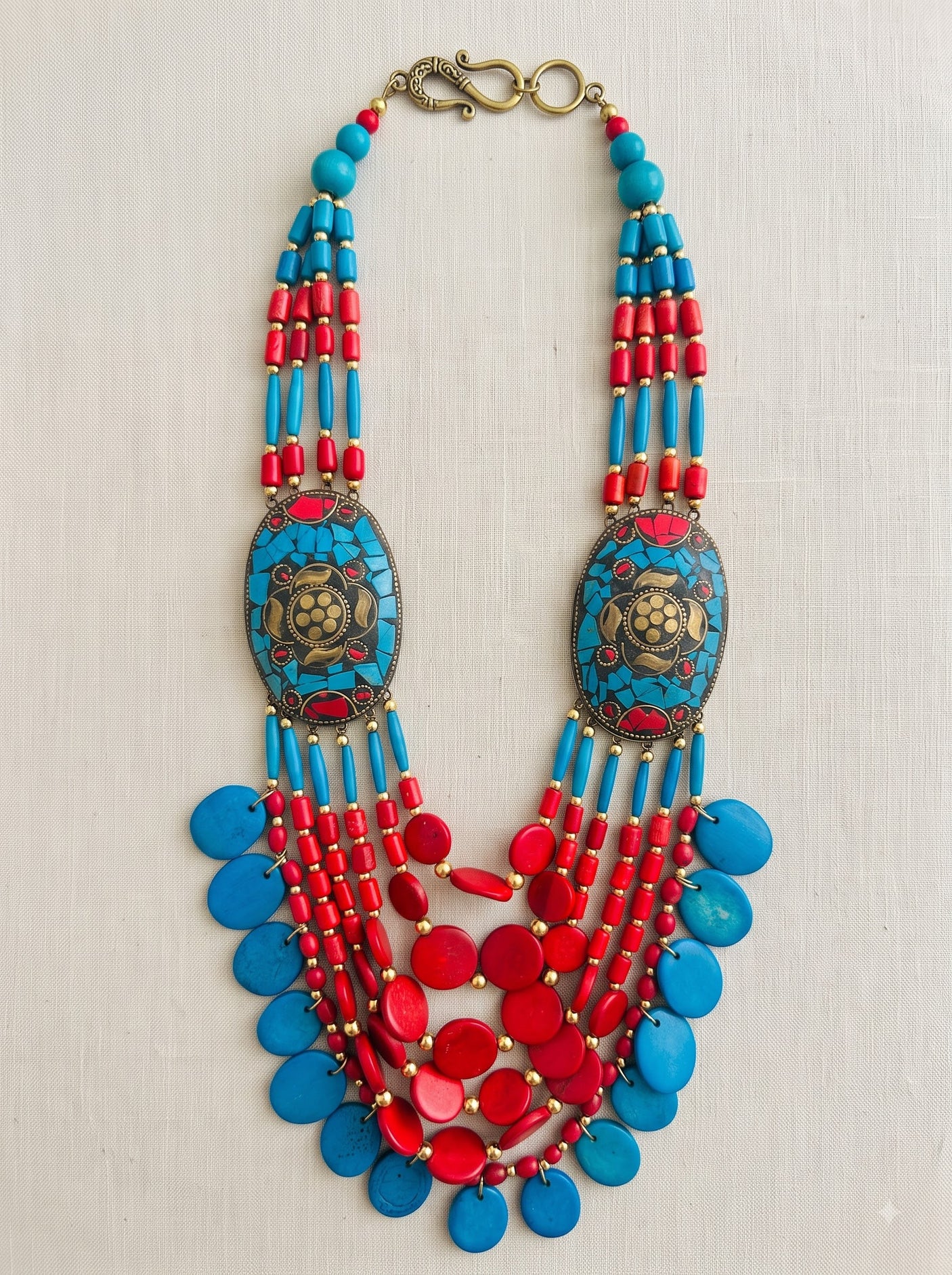 Blue and Red Bone Beads Quirky Statement Necklace