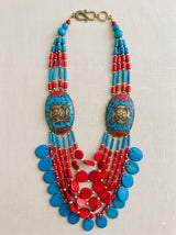 Blue and Red Bone Beads Quirky Statement Necklace