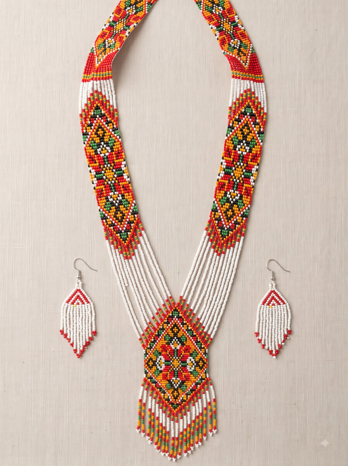 White and Multi-Color Hand Beaded Long Necklace Set