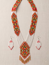 White and Multi-Color Hand Beaded Long Necklace Set