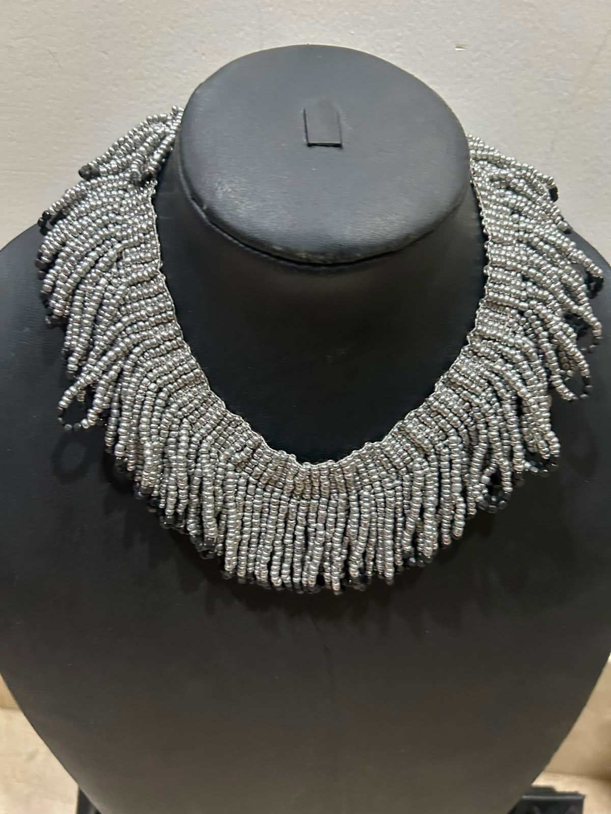 Black & Silver Seed Bead Spike Fringe Statement Collar Necklace