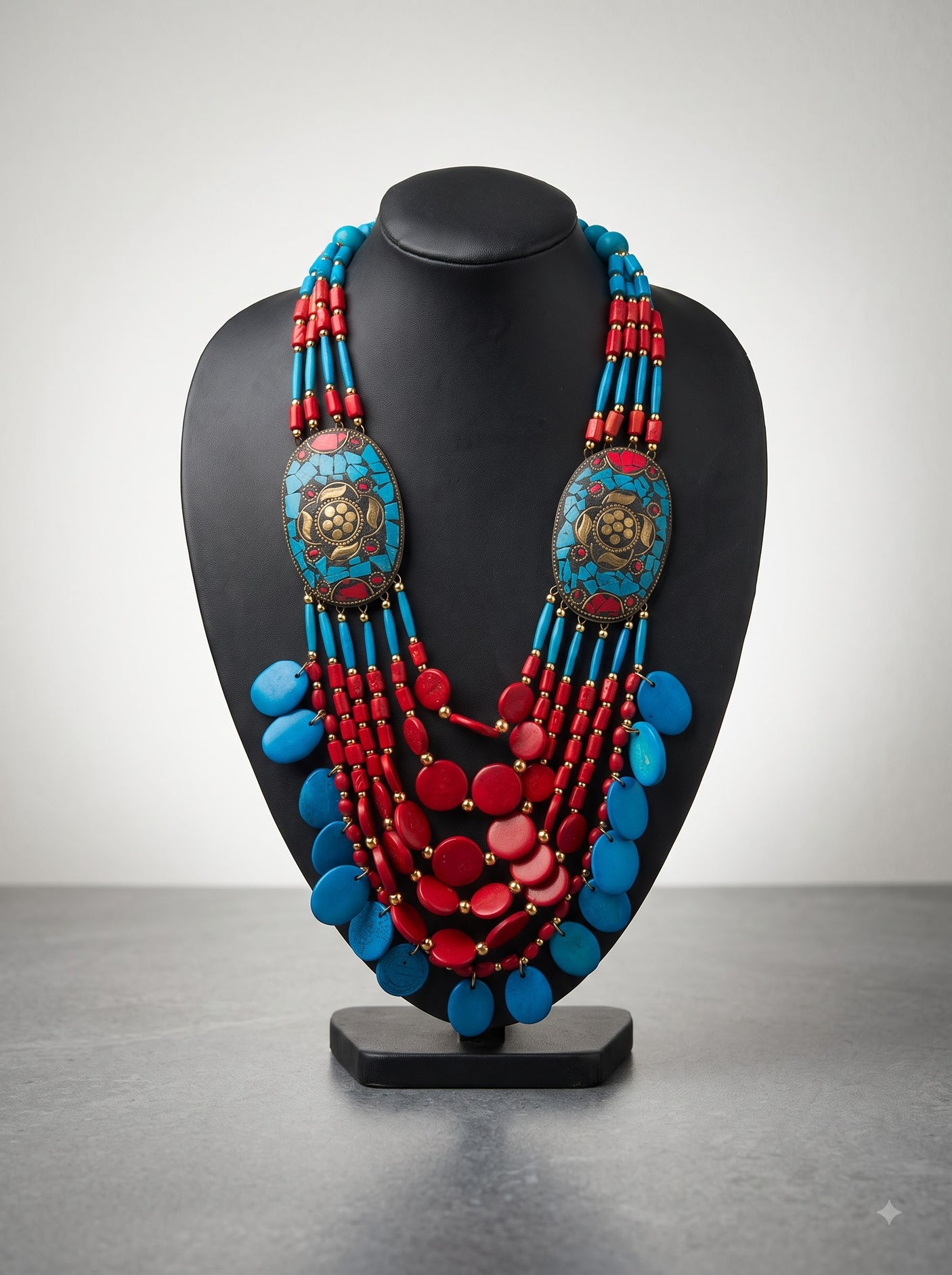 Blue and Red Bone Beads Quirky Statement Necklace