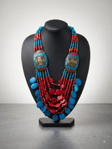 Blue and Red Bone Beads Quirky Statement Necklace